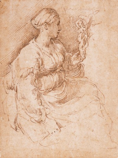 Mujer Sentada Sosteniendo una Estatuilla de la Victoria de Parmigianino